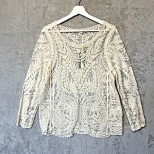 Ultra Pink White Lace Embroidered Long Sleeve Blouse Women Size M Fairycore